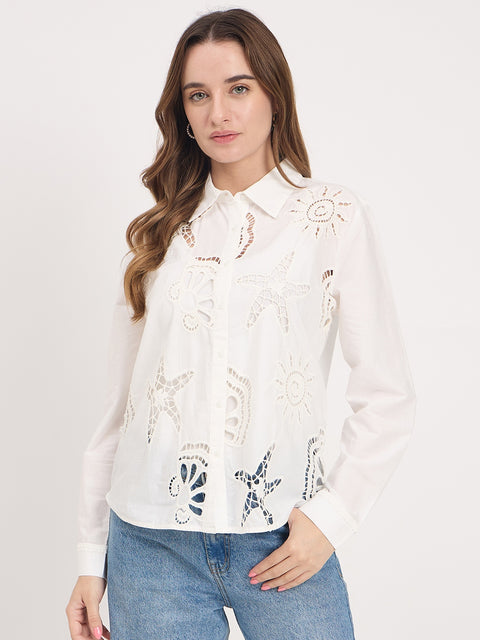 Madame White Cutwork Cotton Full Sleeve Shirt