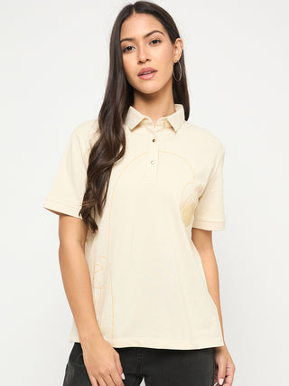 Madame Botanical Print Beige Cotton Blend Polo T-shirt