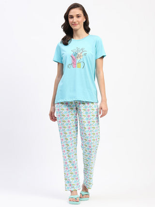 mSECRET Blue Cotton T-Shirt and Floral Print Pyjama Nightsuit