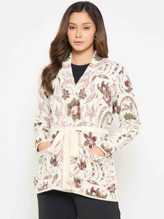 Madame Printed Beige Shrug with Belt