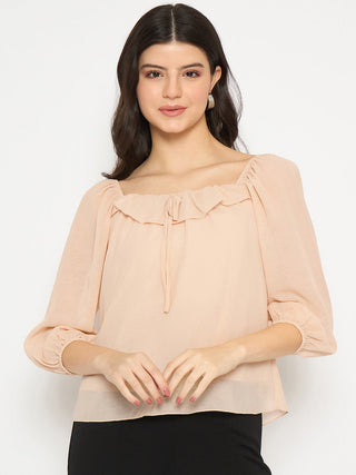 Madame Ruffle Detailed Square Neck Beige Top