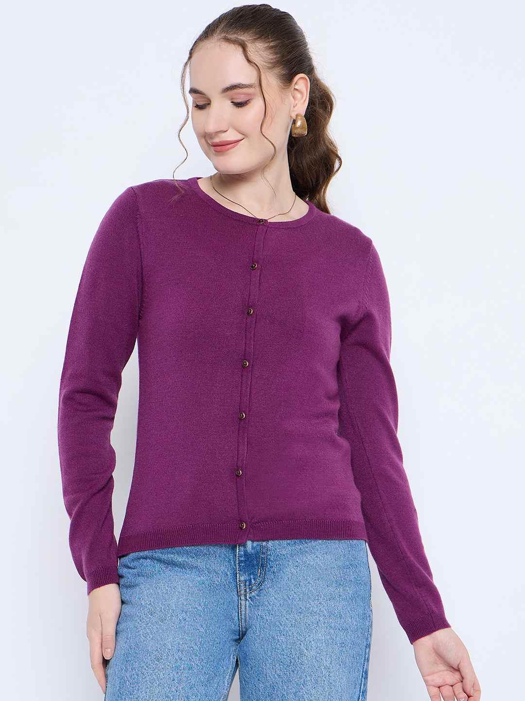 Madame Crew Neck Button Down Dark Purple Cardigan color swatch