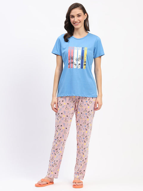 mSECRET Blue Cotton T-Shirt and Printed Pajama Nightsuit