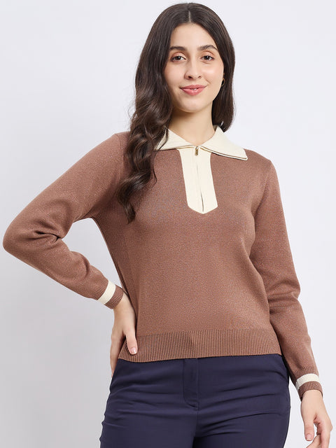 Madame Brown Contrast Trim Knit Top