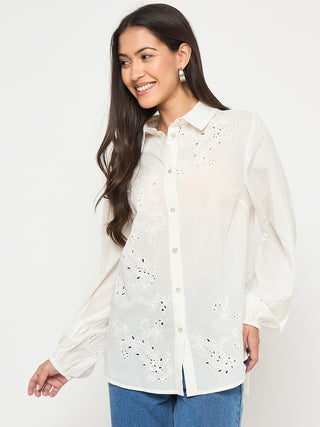 Madame Embroidered and Ruffle Trim Detailed White Cotton Shirt