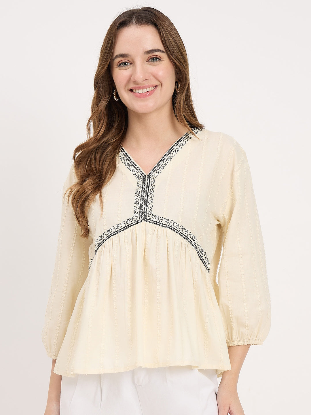 Madame Off White Cotton Lace Detail V-Neck Puff Sleeve Top color swatch