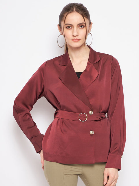 Madame Buckle Belted Solid Wine Red Wrap Blazer