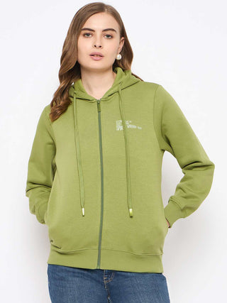 Madame Fleece Placement Printed Zipped Olive Grab Hooded Sweatshirt