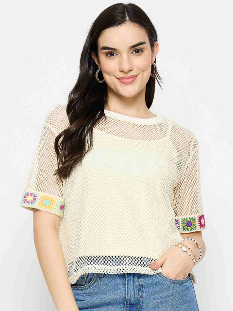 Madame Embroidered Semi Sheer Two Piece Ivory Top