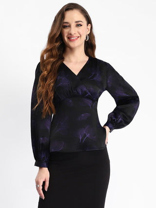 Madame Self Design Wrap Style Front Bishop Sleeve Black Top