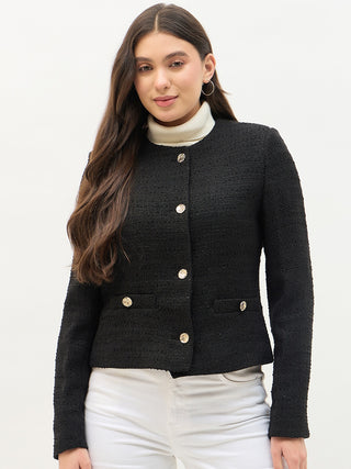 Madame Round Neck Black Textured Short Coat