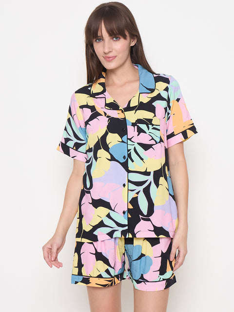 mSECRET Botanical Print Top and Shorts Black Night Suit