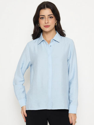 Madame Textured Solid Sky Blue Rayon Blend Shirt