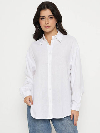 Madame Linen Blend Solid White Shirt