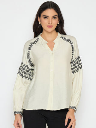 Madame Embroidered Off White Rayon Blend Top