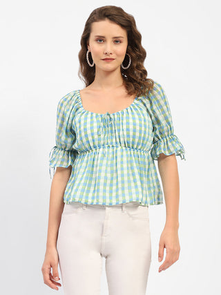 Madame Chequered Blue Off-Shoulder Top