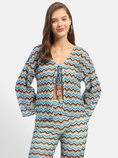 Madame Geometric Print Blue Knitted Shrug