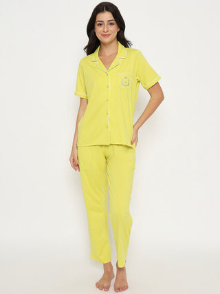 mSECRET Embossed Top and Bottom Lime Yellow Cotton Night Suit