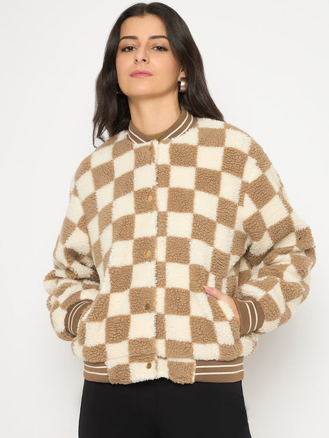 Madame Chequered Zipped Brown Bomber Jacket