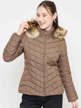 Madame Brown Colour Quilted Fur Hood Jacket