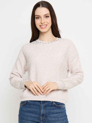 Madame Pearl Embellished Floral Embroidered Pink Sweater