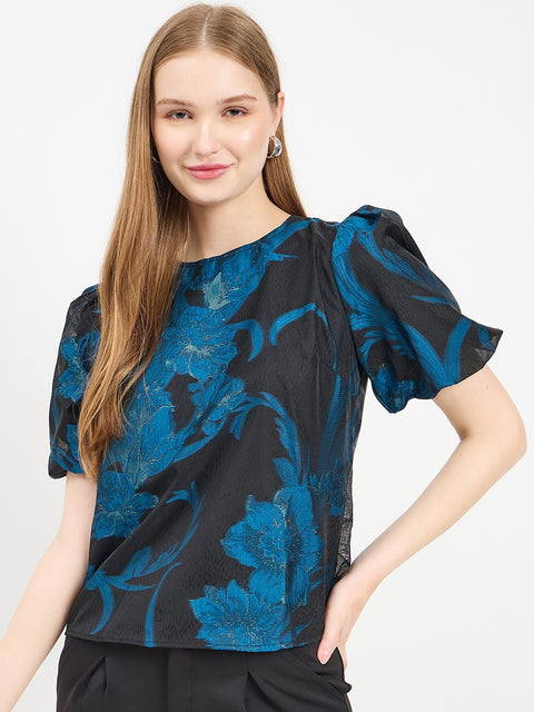 Madame Textured Teal Puff Sleeve Top