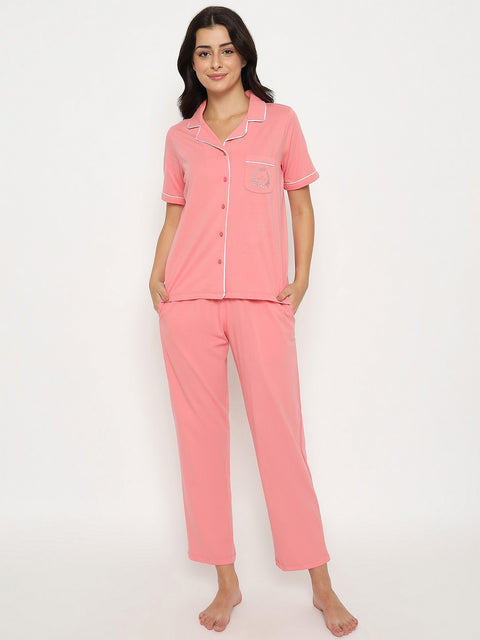 mSECRET Embossed Top and Bottom Coral Cotton Night Suit