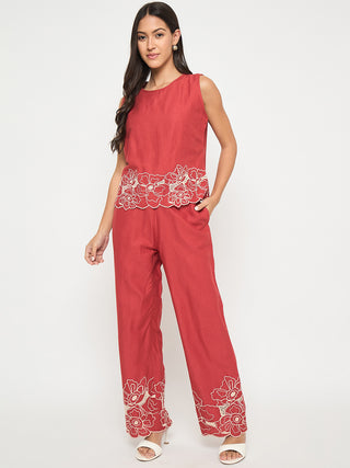 Madame Floral Embroidered Hem Top and Bottom Rust Red Co-ord Set