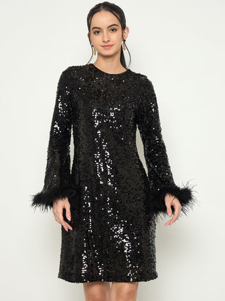 Madame Black Shimmery Midi Dress with Fur Flared Sleeves