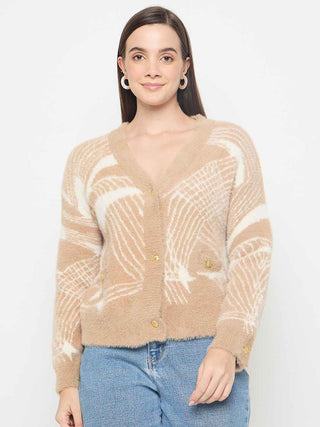 Madame Abstract Print Button Up Camel Brown Sweater