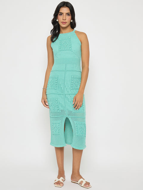 Madame Geometric Pattern Halter Neck Aqua Blue Midi Dress