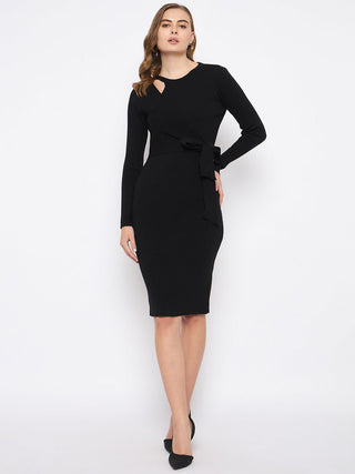 Madame Full Sleeve Tie Waist Black Knit Dress