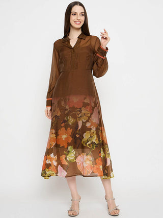 Madame Floral Print Chocolate Brown Midi Dress