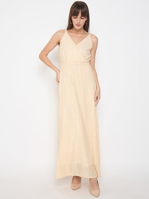 Madame Golden Buckled Strap Self Design Beige Maxi Dress