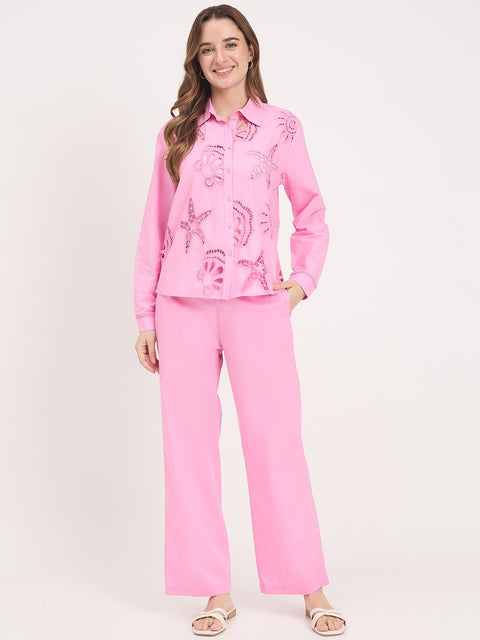 Madame Pink Cotton Round Neck Co-ord Set Top
