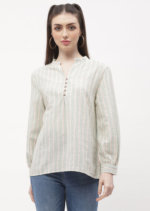 Madame Ruffle Mandarin Collar Green Striped Top