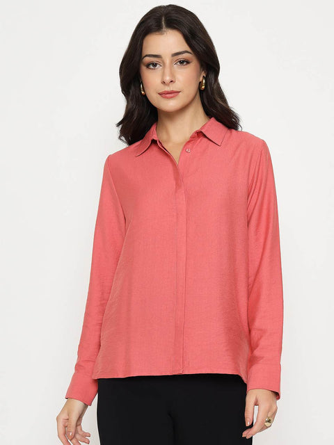 Madame Textured Solid Brick Red Rayon Blend Shirt