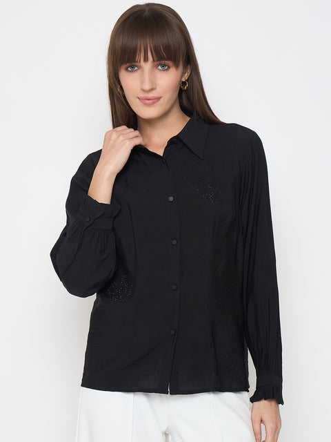 Madame Nylon Blend Heart Embellished Buttoned Black Shirt