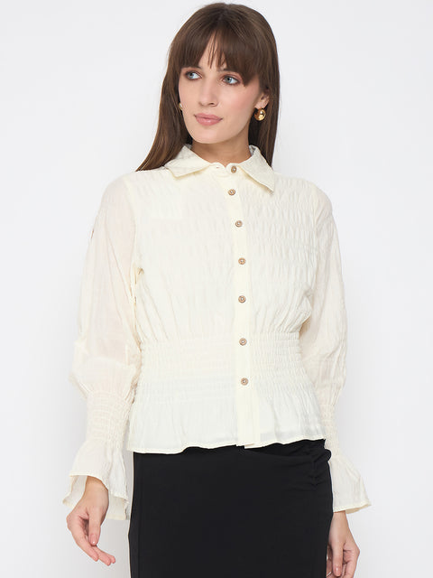 Madame Smocked Waist Off White Peplum Shirt
