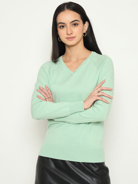 Madame V Neck Solid Green Sweater