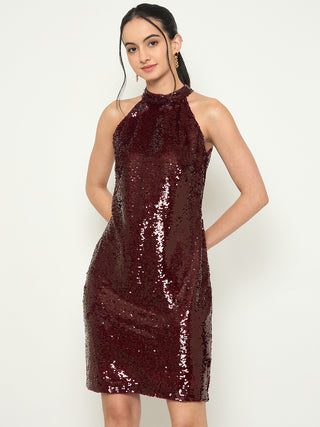 Madame Halter Neck Maroon Bodycon Shimmer Dress
