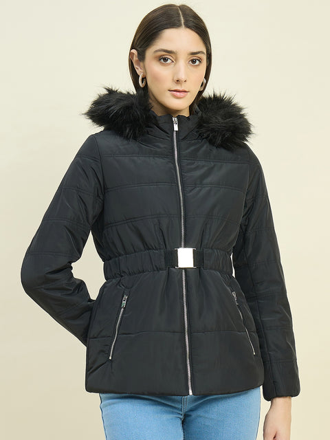 Madame Black Quilted Jacket with Faux Fur Hood