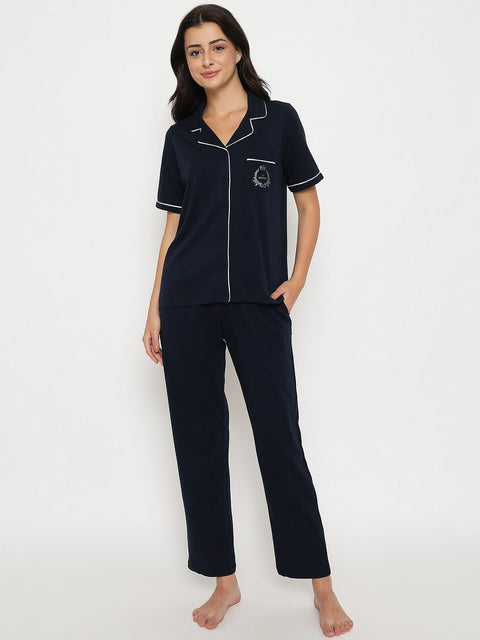 mSECRET Embossed Top and Bottom Navy Blue Cotton Night Suit