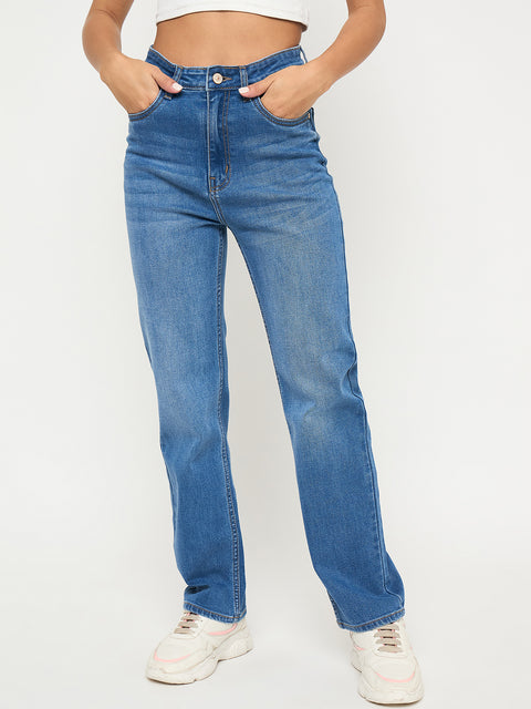 Madame Acid Wash Mid Blue Straight Cotton Blend Jeans