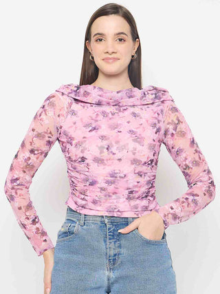 Madame Floral Print Off Shoulder Pink Mesh Top