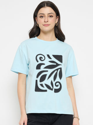Madame Ice Blue Printed Cotton Round Neck T-Shirt