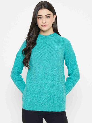 Madame Textured Mock Neck Peacock Green Acrylic Sweater