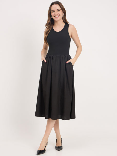 Madame Black Cotton Sleeveless Fit and Flare Maxi Dress