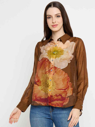 Madame Floral Print Tencel Blend Brown Shirt