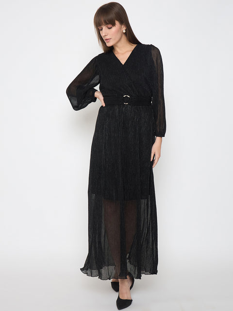 Madame Pliss Self Design Belted Black Flared Maxi Dress